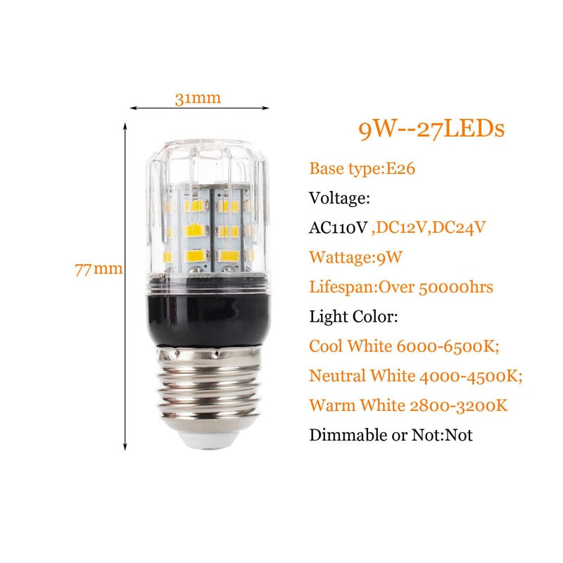 Led bulb E27 E14 E12 E26 5730SMD 110V 220V DC 12V 24V 27LEDs 7W Led Corn Lamp Christmas Chandelier Candle Lighting