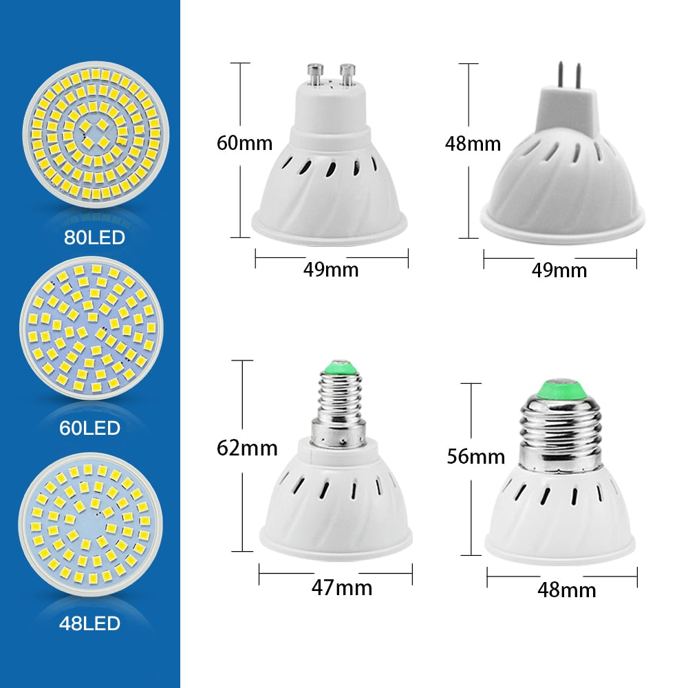 Led Spotlight Bulb E27 E14 GU10 MR16 Led Lamp 110V 220V 48 60 80 LEDs 2835 SMD Energy Saving Bombillas Lampada for Home Lighting
