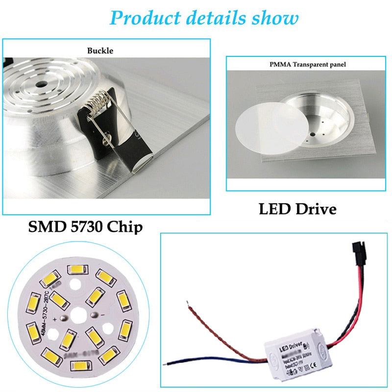 Dimmable LED Downlights 3W 5W 7W 9W 12W 15W AC85-265V Square silver Black White LED Ceiling Down Lamp Indoor Lighting With Drive