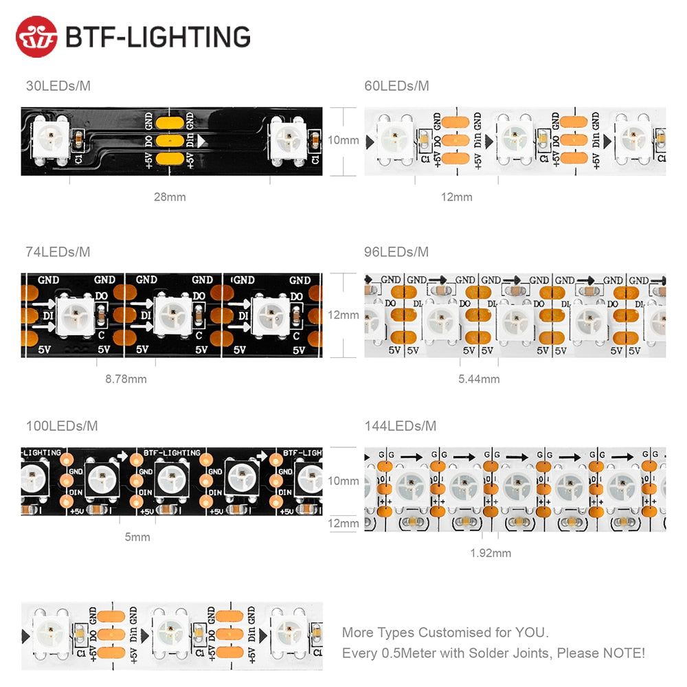 Led Strip 30/60/74/96/100/144 pixels/leds/m WS2812 Smart RGB Led Light Strip Black/White PCB IP30/65/67 DC5V