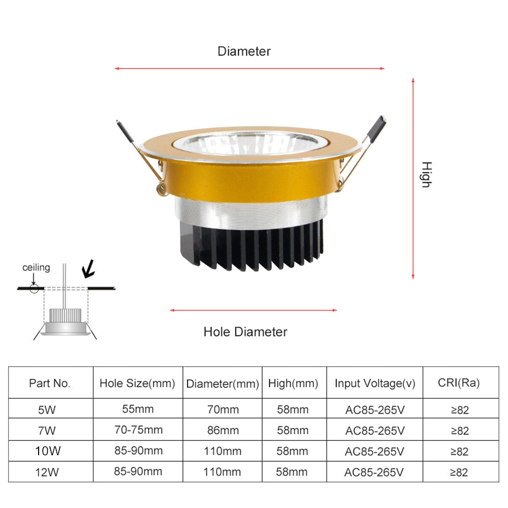 DBF Super Bright Recessed Gold LED Dimmable Downlight COB 5W 7W 10W 12W LED Spot Light LED Decoration Ceiling Lamp AC 110V 220V