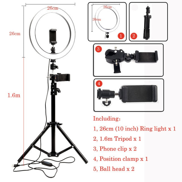 Photography 26cm LED Selfie Ring Light Dimmable three-speed Stepless Lighting Makeup Video Live Studio With Tripod & Phone Clip