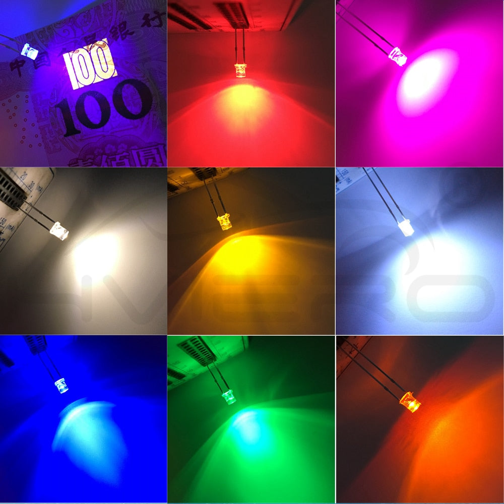 Top White Red Yellow Blue Green Pink diode Led Wide Angle light emitting Diodes lamp Ultra Bright Bulb 100pcs F3 3mm 2pins