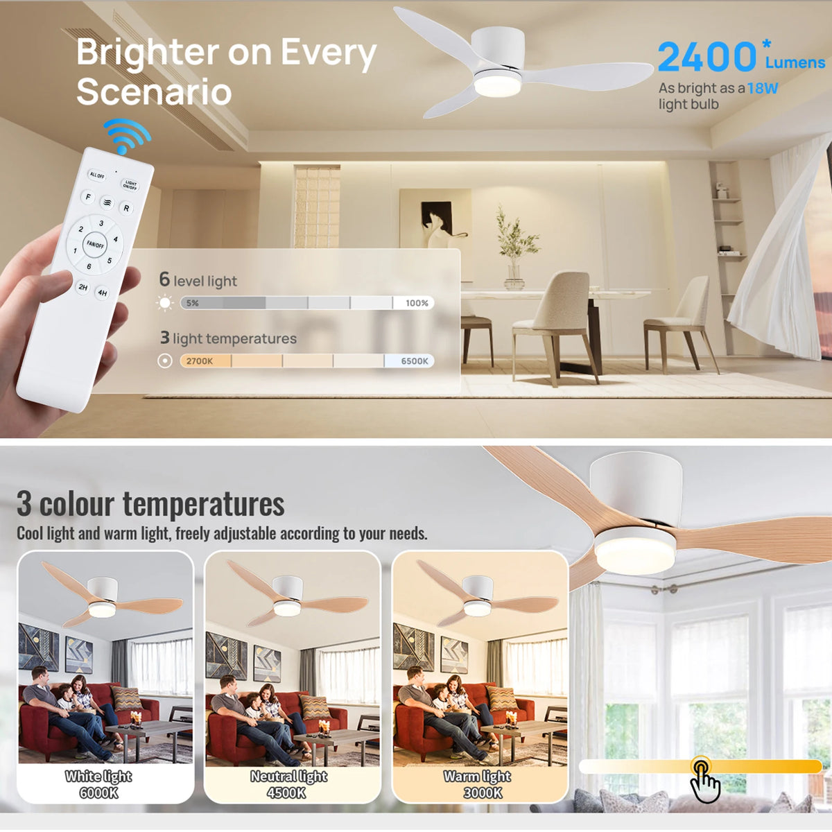 42/52 Inch Ceiling Fan Light - High Airflow LED Dual Function for Living Room &amp; Bedroom, Remote &amp; Timer, Easy Installation