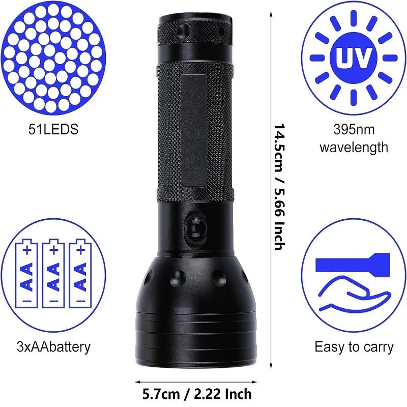 395nm UV Flashlight Black Light Waterproof 51 LED Flashlight Set with AA Battery for Home &amp; Hotel Inspection Pet Urine Detector