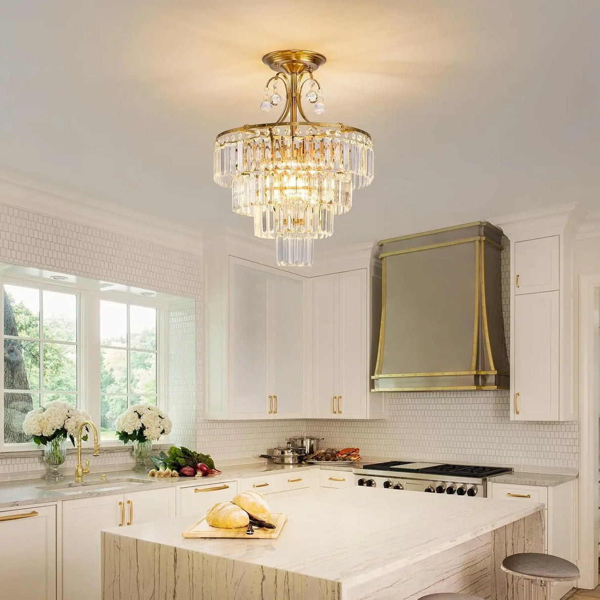 Luxury Gold Crystal Ceiling Light, Round Dimmable Semi-Flush Mount Modern Crystal Ceiling Light for dining room/bedroom/hallway