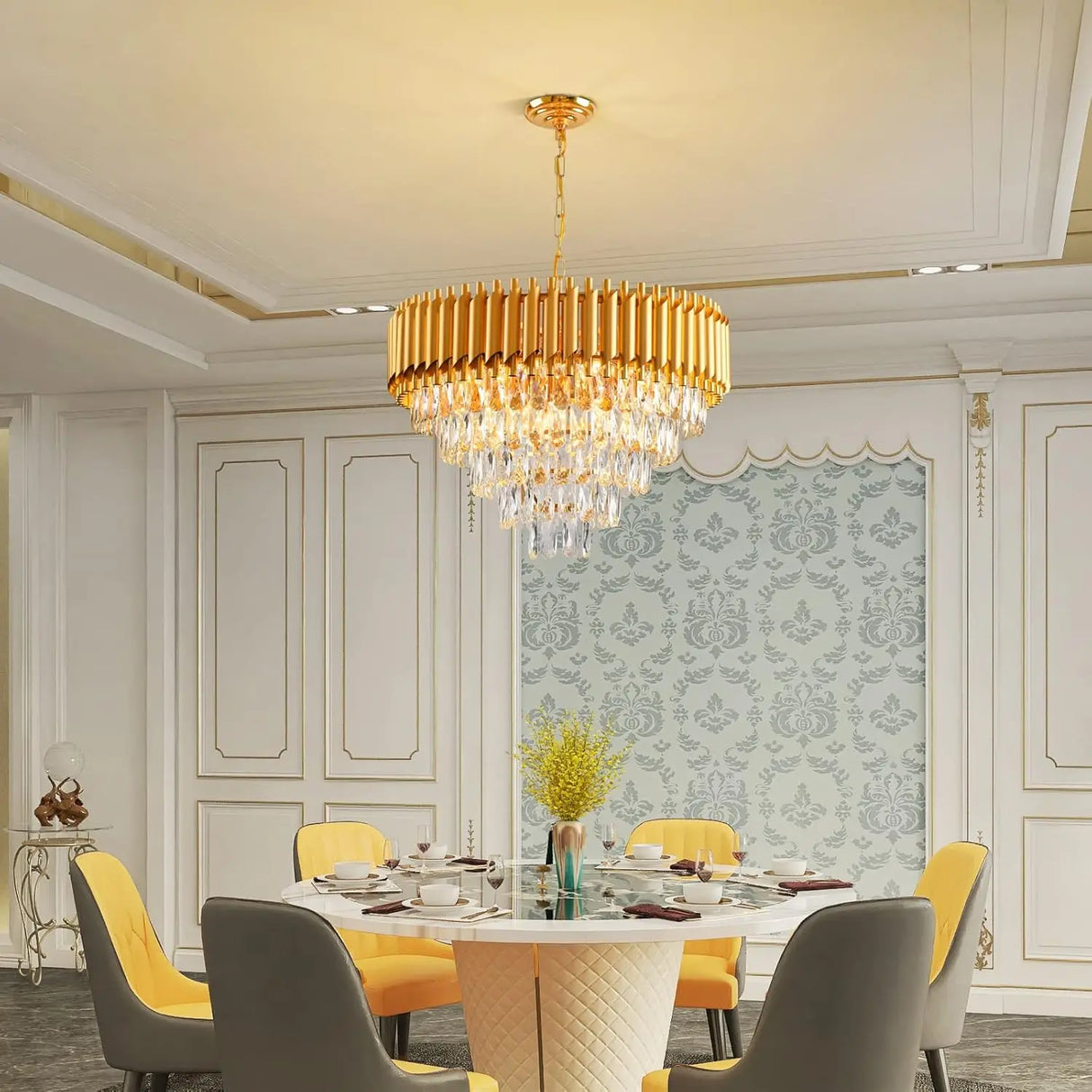 Modern Gold Crystal Chandelier, 5-Tier Raindrop Effect K9 Crystal Chandelier for Living Room/Dining Room/Bedroom