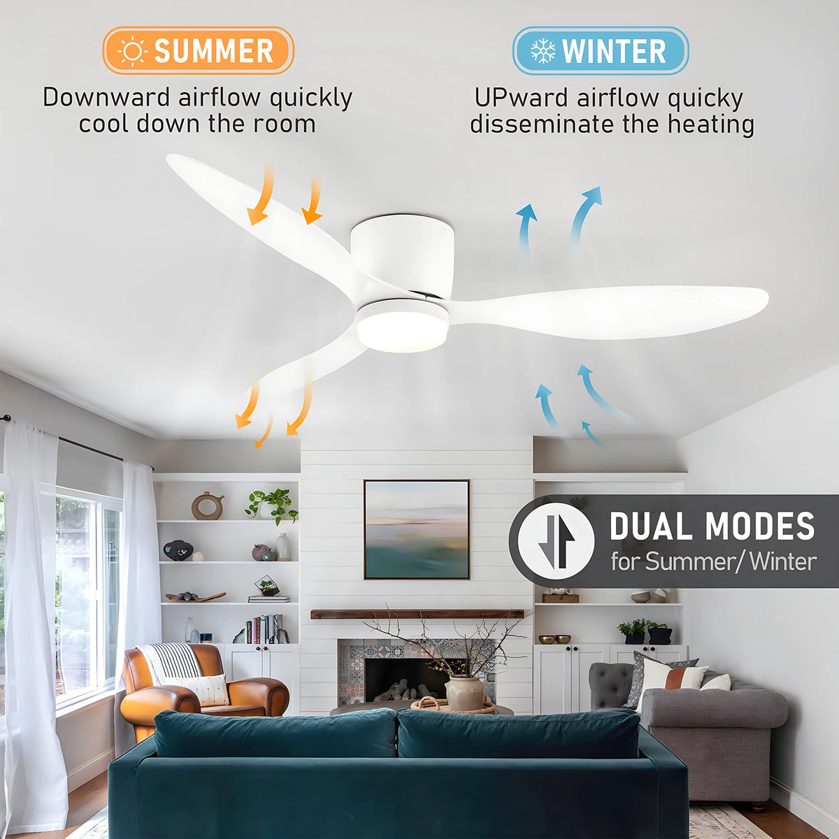42/52 Inch Ceiling Fan Light - High Airflow LED Dual Function for Living Room &amp; Bedroom, Remote &amp; Timer, Easy Installation
