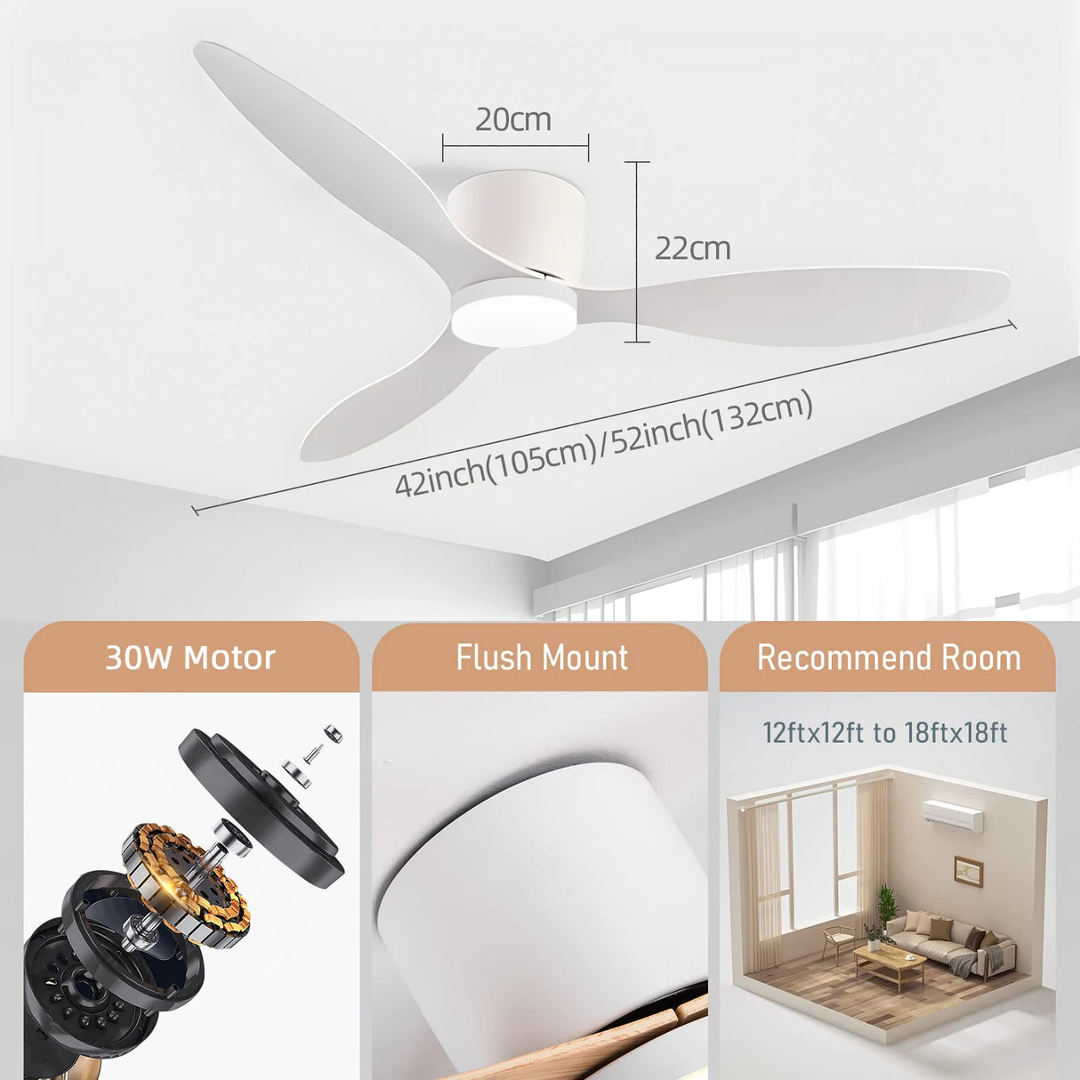 42/52 Inch Ceiling Fan Light - High Airflow LED Dual Function for Living Room & Bedroom, Remote & Timer, Easy Installation