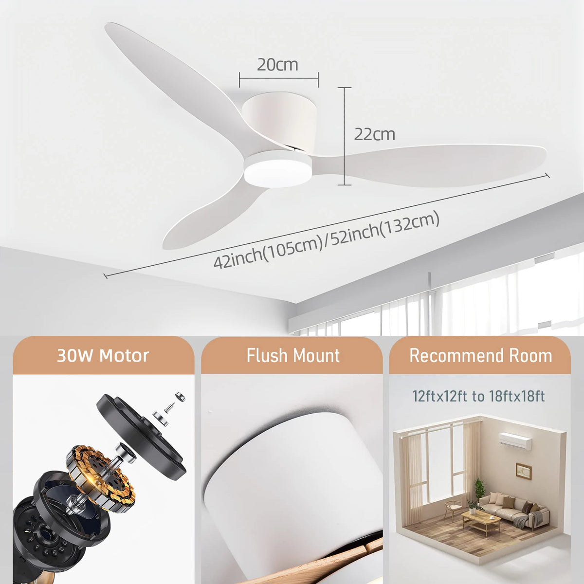 42/52 Inch Ceiling Fan Light - High Airflow LED Dual Function for Living Room &amp; Bedroom, Remote &amp; Timer, Easy Installation
