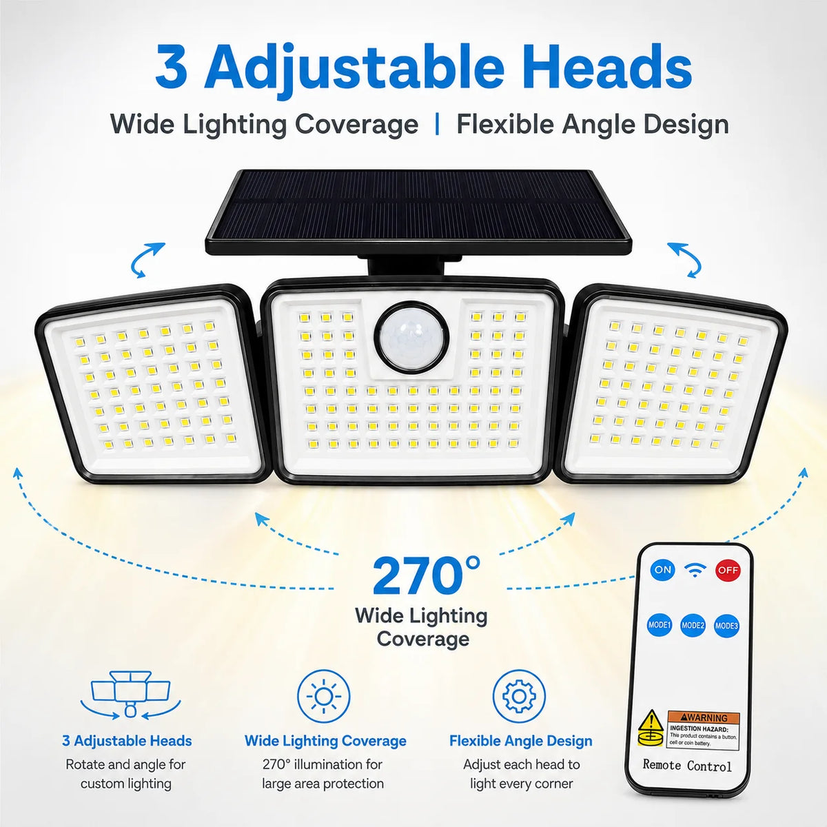 368 LED Triple-Head Solar Motion Sensor Outdoor Floodlight - Remote Control Waterproof Wall Lamp for Garage, Patio & Garden