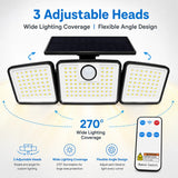 368 LED Triple-Head Solar Motion Sensor Outdoor Floodlight - Remote Control Waterproof Wall Lamp for Garage, Patio & Garden