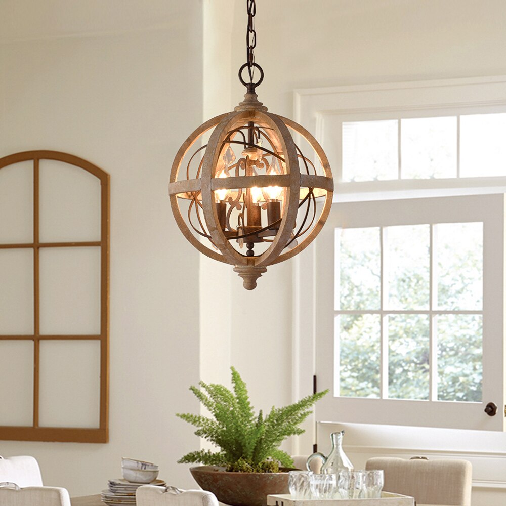 Retro Chandelier Lighting Industrial Hanging Pendant Lamp Globe Dining Living Room Wood Farmhouse Vintage Island Light