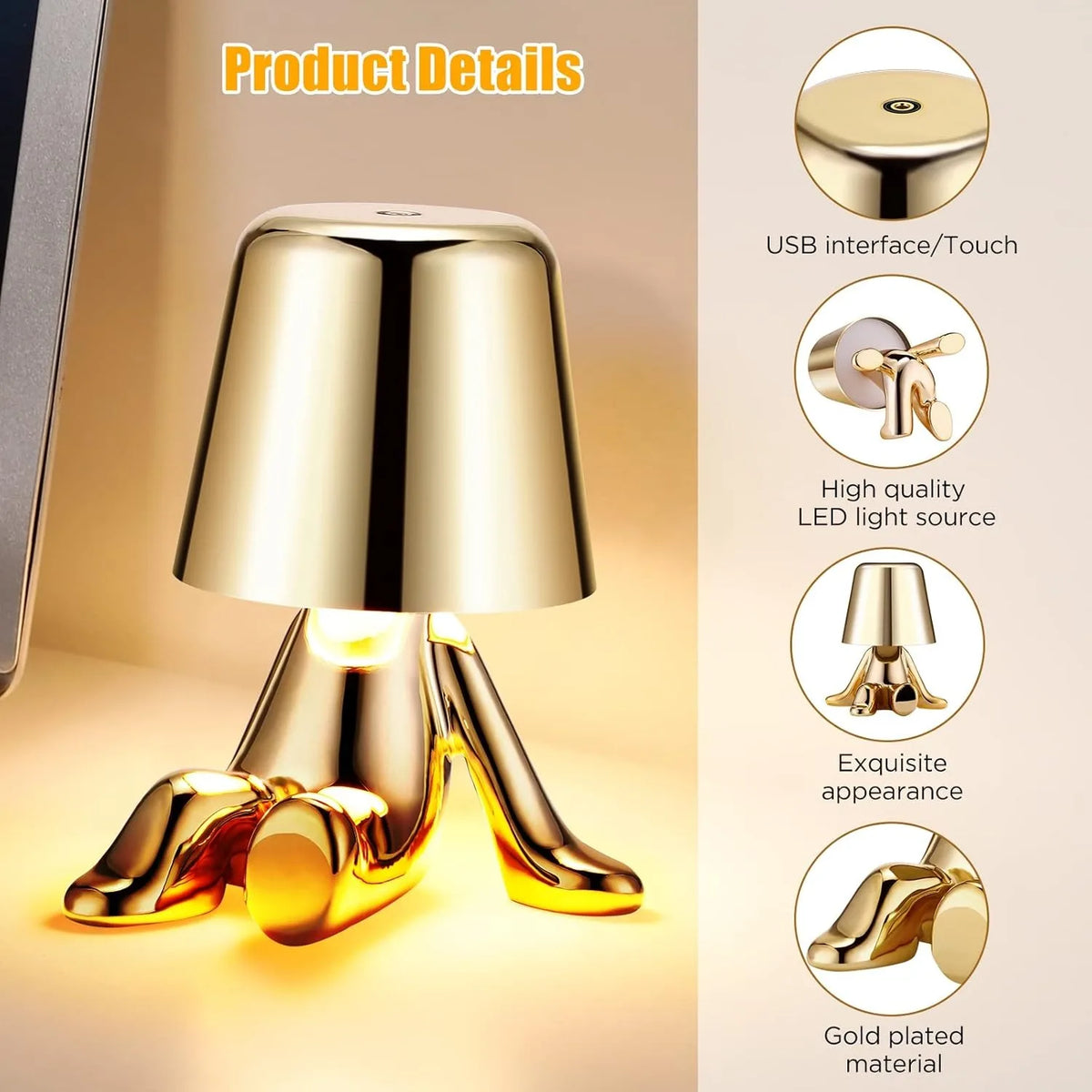Bedside Touch Control Table Lamp, Golden Figurine Decorative LED Light, Three-Level Brightness Small Night Light for the Room
