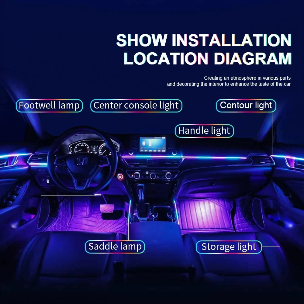 22 In1 Car Acrylic LED Ambient Lamps Universal Colorful Atmosphere Lights Auto Interior Neon Strip App Control 64 RGB  Lighting