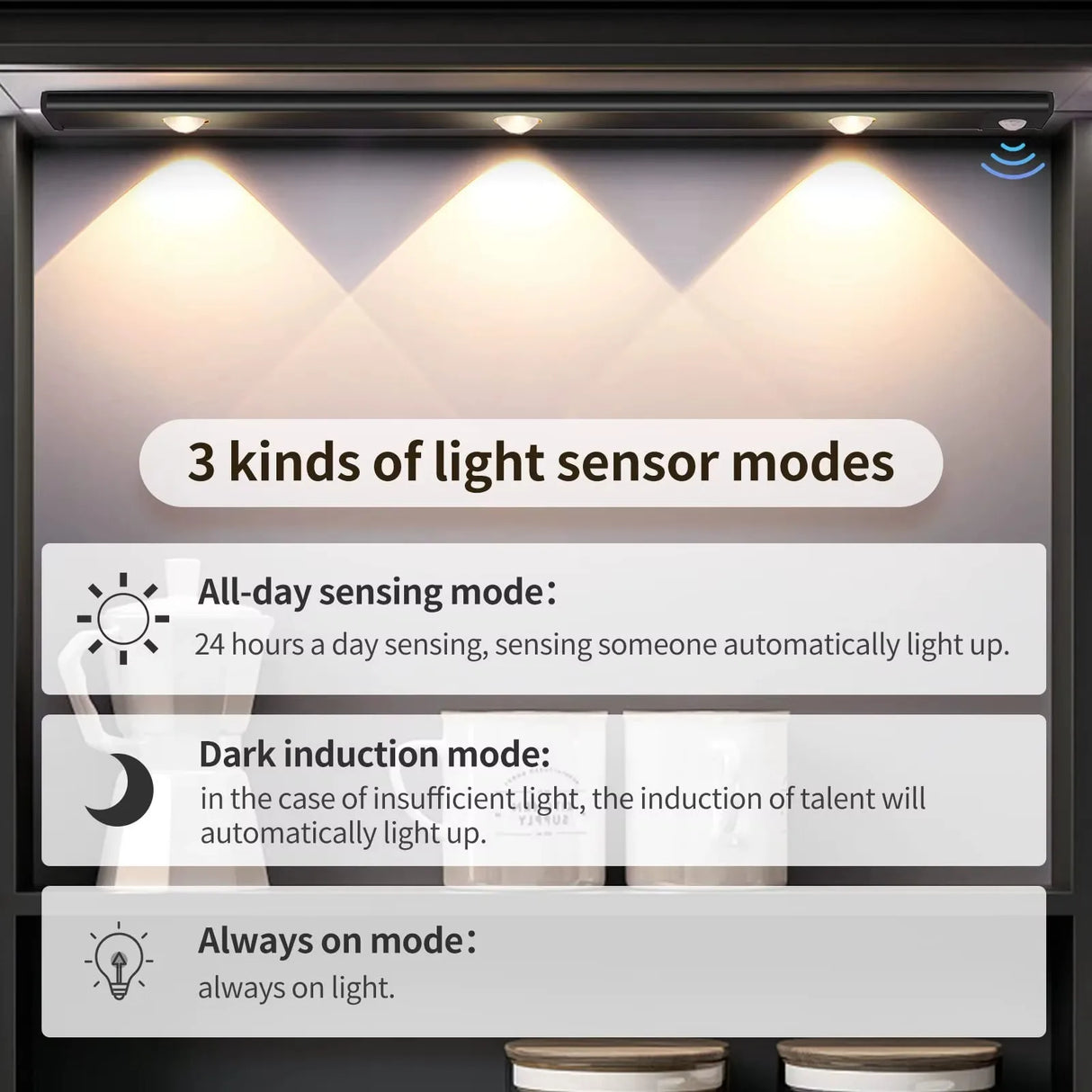 Ultra-Thin Motion Sensor LED Under Cabinet Light (Wireless & Rechargeable) - 3-Color Dimmable Lighting for Kitchen, Wardrobe & Bedroom