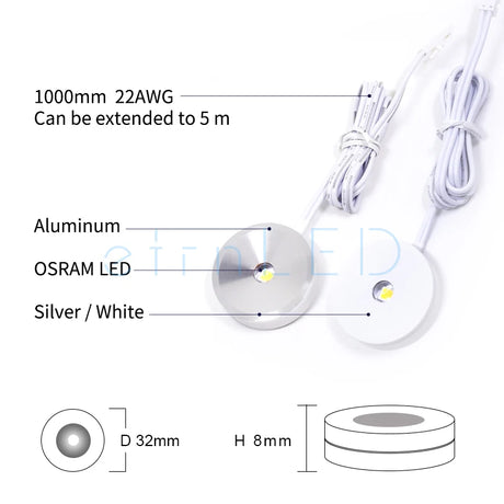 Led Cabinet Light Super Mini Spot 12V 1W Surface Mounted Round Panel Lamp Indoor Home Closet Display Dimmable Small Bulbs Black