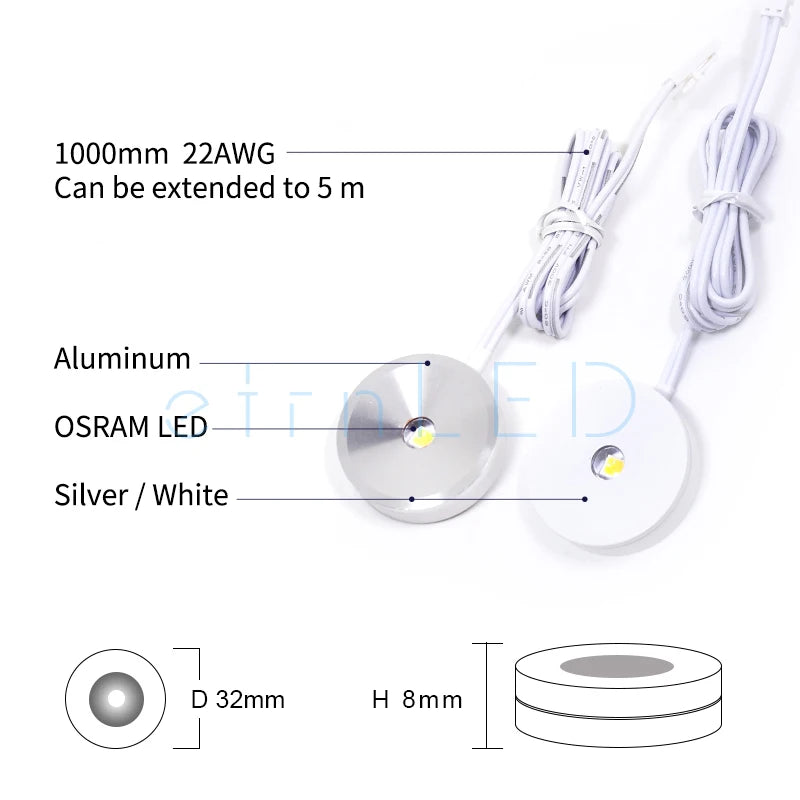 Led Cabinet Light Super Mini Spot 12V 1W Surface Mounted Round Panel Lamp Indoor Home Closet Display Dimmable Small Bulbs Black