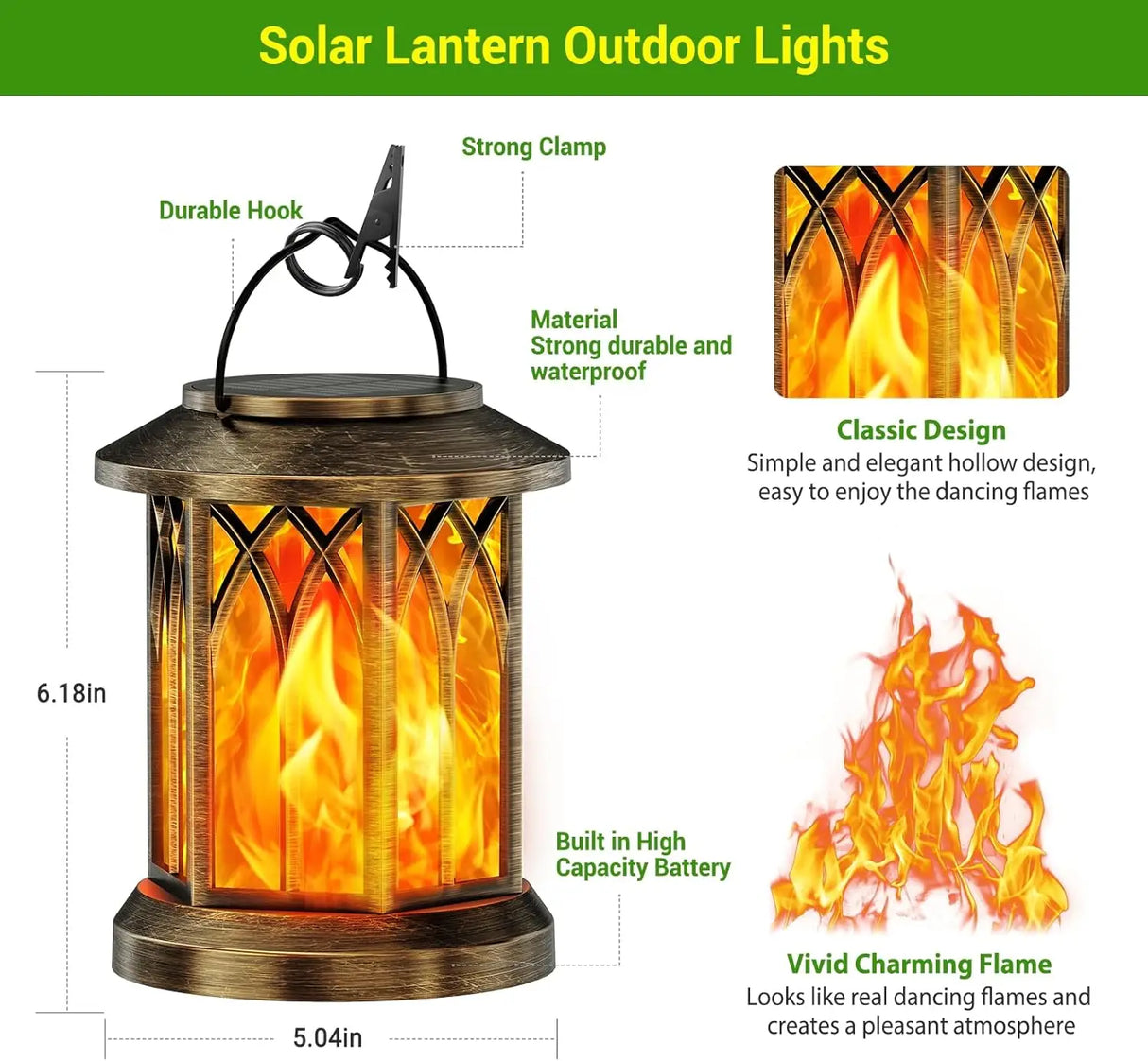 Waterproof Outdoor Solar Flame Lantern - Auto On/Off Vintage Bronze Hanging Decorative Light for Patio, Garden & Table