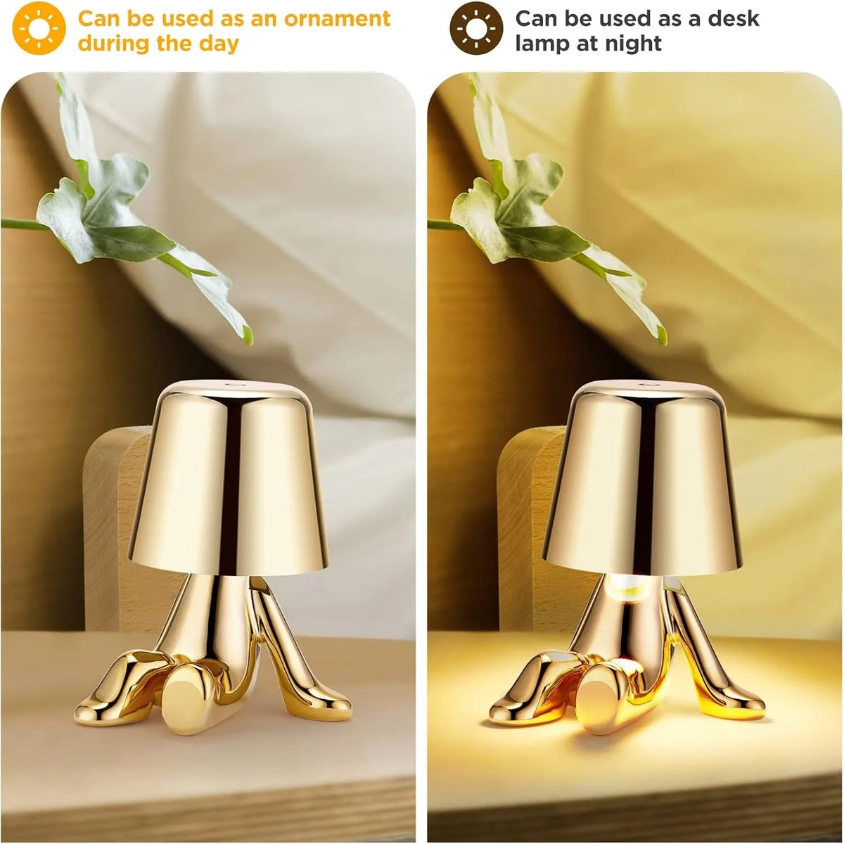 Bedside Touch Control Table Lamp, Golden Figurine Decorative LED Light, Three-Level Brightness Small Night Light for the Room