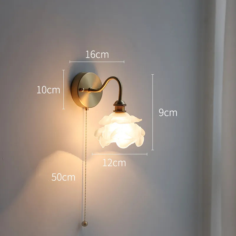 IWHD Flower Glass Copper Wall Lamp Sconce Pull Chain Switch LED Bedroom Bathroom Mirror Stair Light Nordic Modern Wand lamp