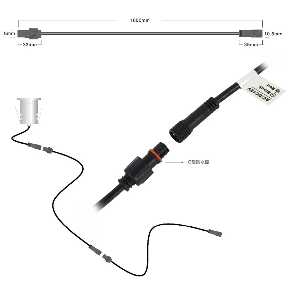 6-Pack 2-Pin Waterproof IP67 LED Extension Cables - 1 Meter (100cm) Male to Female DC Connector