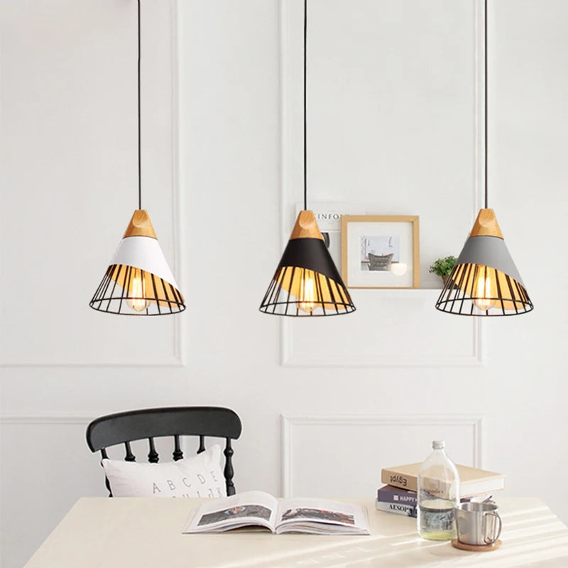 Modern Industrial Lamp Loft Wood Pendant Lights Nordic Iron Hanging Lamp Kitchen Pendant Lamp Bedroom Dining Room Lights