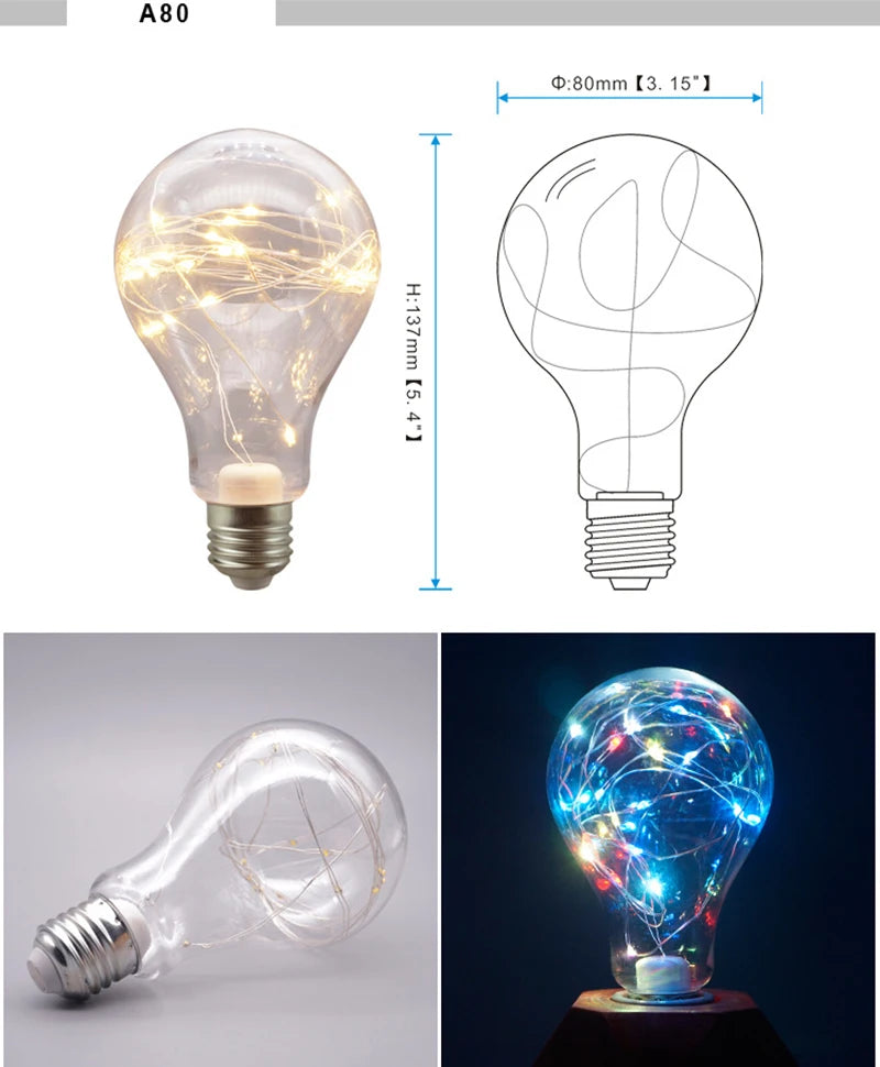 LED Edison String Light Bulb E27 A60 A80 G80 G95 Colorful RGB Lighting Copper Wire Bulb Home Decors Holiday Wedding Night Light