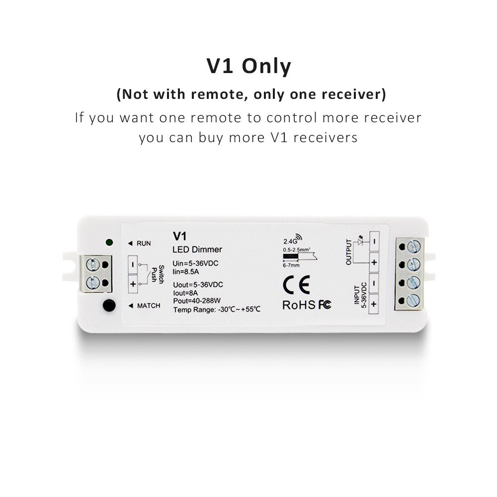 LED Dimmer 12v 24v 36v 2.4G RF Wireless Touch Remote Dimmer Switch RT1 RT6 RT8 V1 Single Color LED Strip Light Controller
