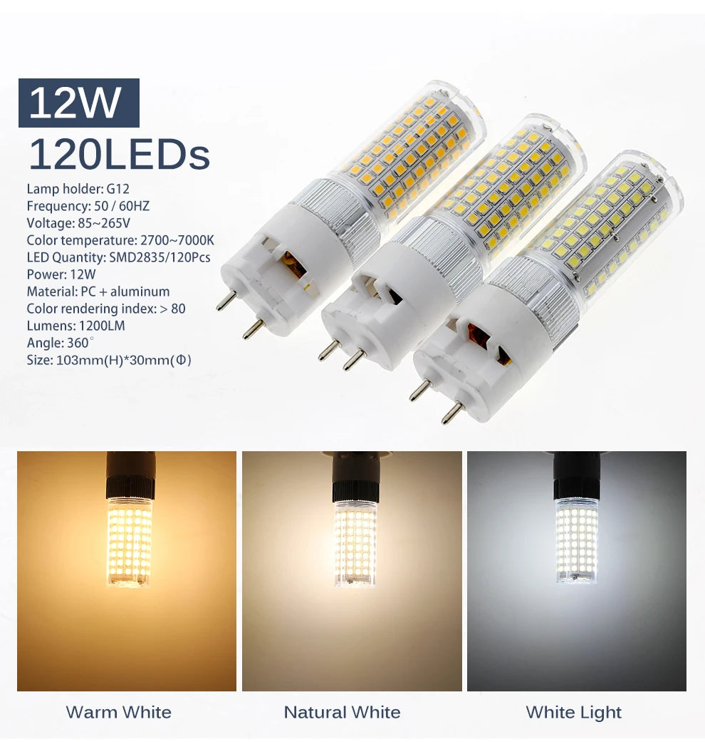 G12 LED Bulb Light AC85-265V 10W 1000LM 15W 1500LM High Brightness SMD2835 LED Corn Bulb Lamp.