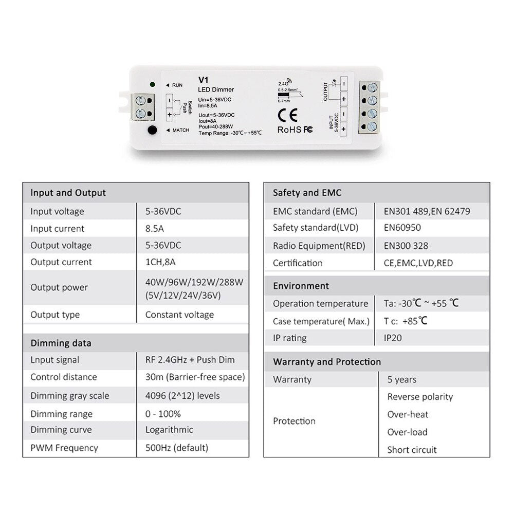 LED Dimmer 12v 24v 36v 2.4G RF Wireless Touch Remote Dimmer Switch RT1 RT6 RT8 V1 Single Color LED Strip Light Controller