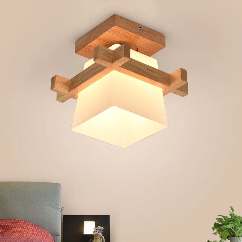 Japanese Warmly Home Cottage Tatami Wood Ceiling Lamp Led With Glass Lampshade Corridor Hallway Balcont E27 Modern Ceiling Light