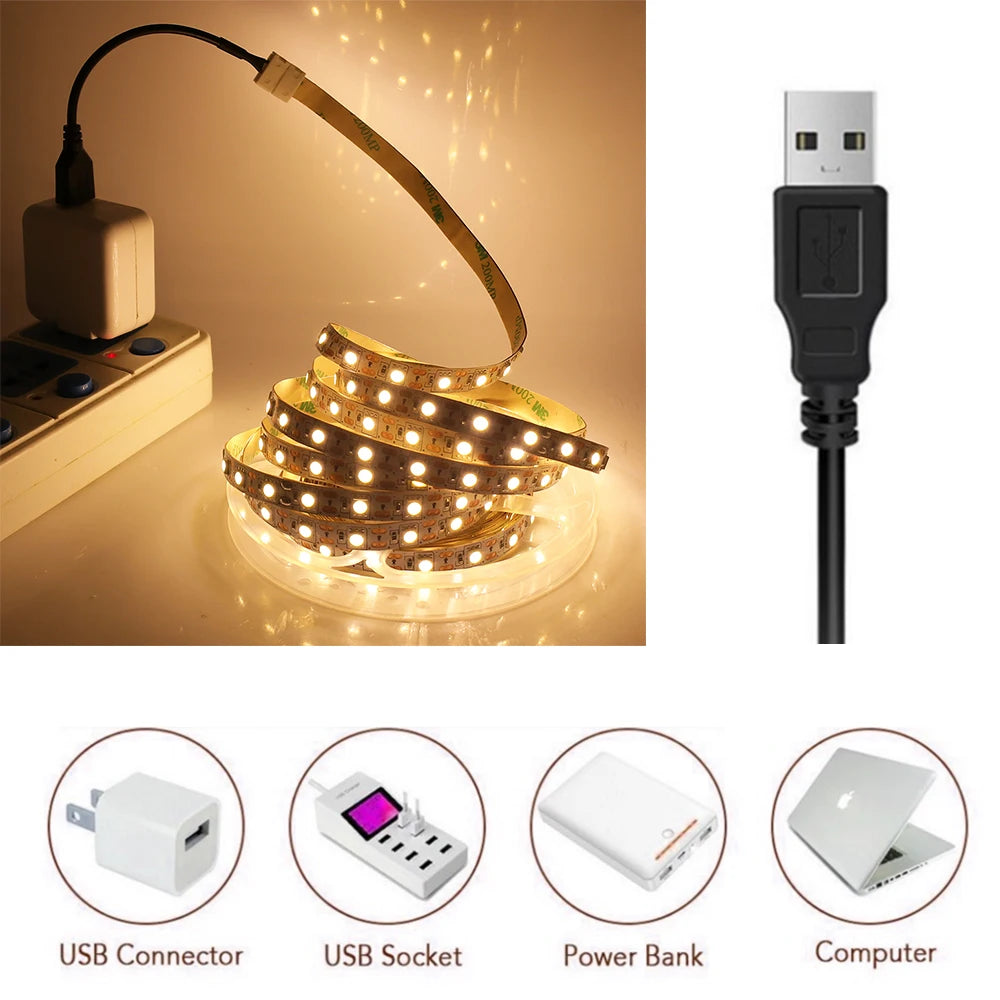 5V USB LED Strip Light SMD 5050 Flexible LED Tape Ribbon TV Backlight Lights Strip Home Decoration 30cm 50cm 1m 2m 3m 4m 5m