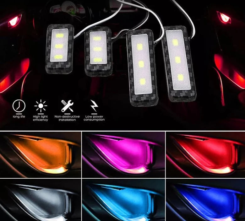 Ceyes 4pcs Car Ambient Inner Door Bowl Light Decorative Lights  handle LED Armrest Atmosphere Light  Strip Auto Handrail Light