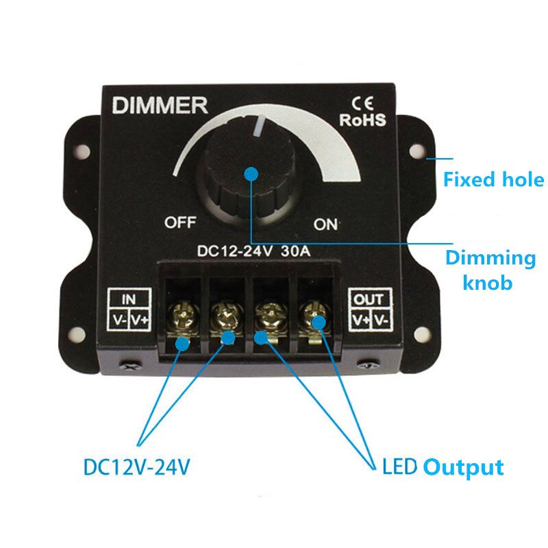 12V 24V Voltage LED Dimmer Switch 8A Plast / 30A Aluminum Regulator Adjustable Controller for Single Color LED Strip Light Lamp