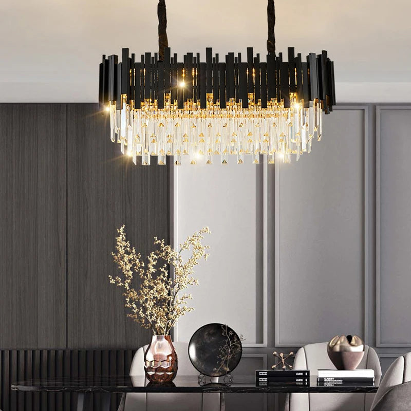 FKL Modern Crystal Black Chandelier For Living room Bedroom Oval Long Dining room Lamp Industrial Style Black Crystal Chandelier