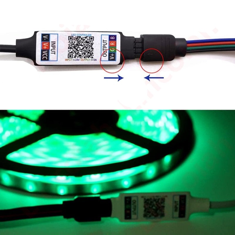 Mini RGB Bluetooth-Compatible Controller, Music and Smart APP Control, RGB LED Strips, Vibrant Lighting, Bluetooth Technology, Music Synchronization, Smartphone Connectivity, Versatile Voltage Compatibility, Extended Remote Distance, High Load Capacity, Durable Design, Certified Quality, Versatile Compatibility, BT Smart APP, Lighting Ambiance, Entertainment Lighting, LED Strip Control, Visual Experience