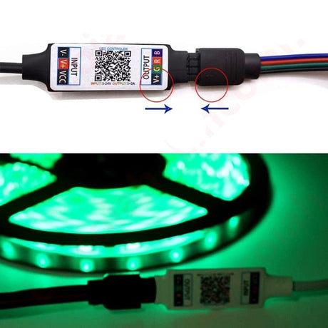 Mini RGB Bluetooth-Compatible Controller, Music and Smart APP Control, RGB LED Strips, Vibrant Lighting, Bluetooth Technology, Music Synchronization, Smartphone Connectivity, Versatile Voltage Compatibility, Extended Remote Distance, High Load Capacity, Durable Design, Certified Quality, Versatile Compatibility, BT Smart APP, Lighting Ambiance, Entertainment Lighting, LED Strip Control, Visual Experience