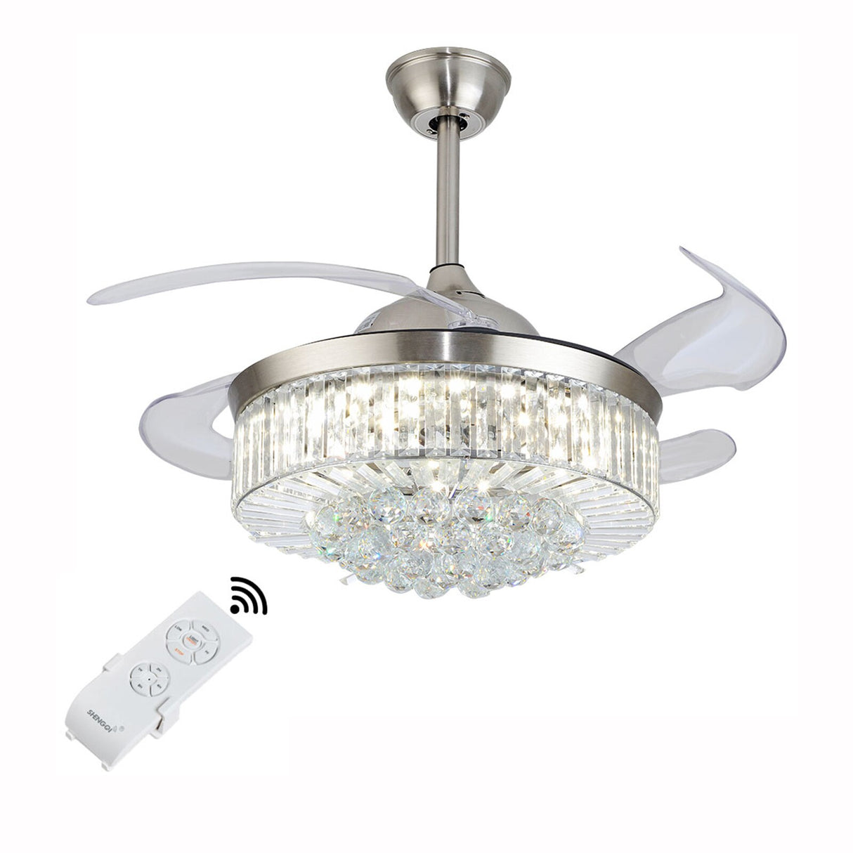 Retractable LED Ceiling Fan Light Crystal Fan Dimmable Pendant Light with Remote Control