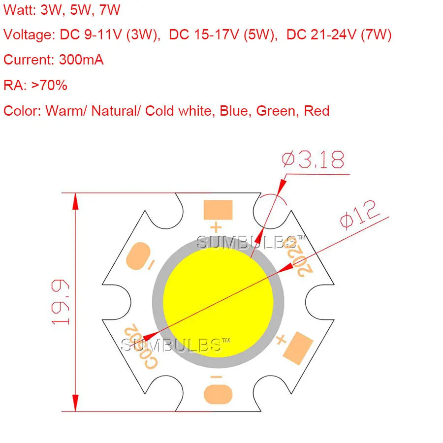 10-Pack 20mm Round COB LED Light Chips (DC 3W / 5W / 7W) - High-Power Light Source Modules