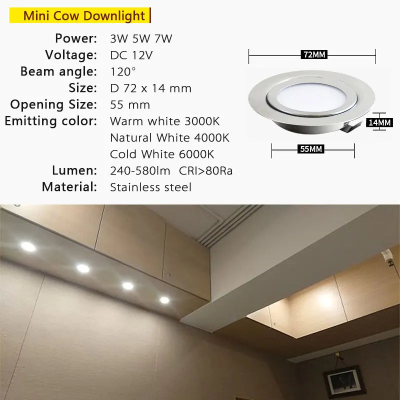 6 Pcs IP65 Downlight 304 Stainless Steel 3W 5W 7W DC 12V LED Safety Voltage Spotlights for Home Kitchen Dining Spot Lighting