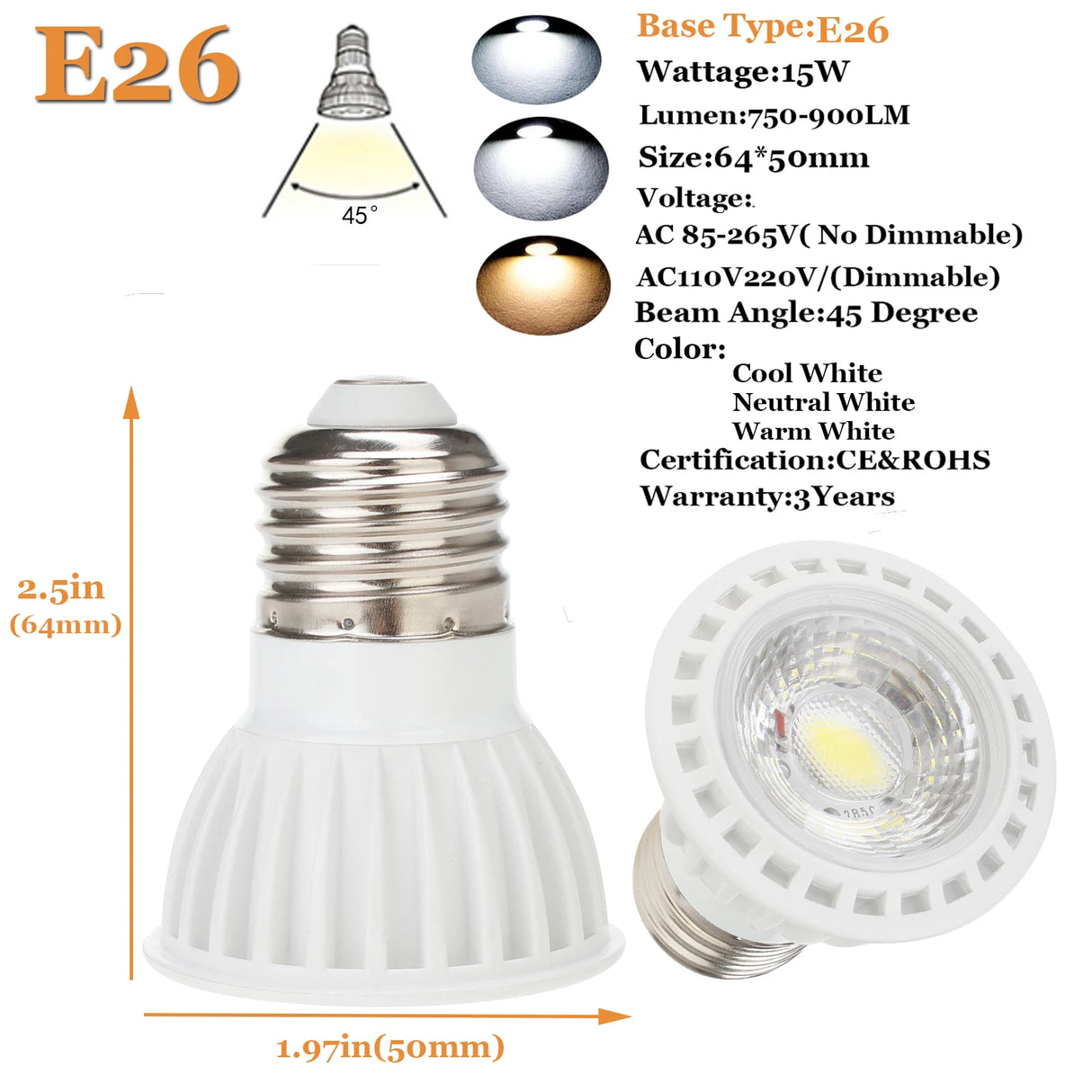 10pcs 5W COB Light Bulbs 45 Beam Angle 110V 220V Dimmable E26 E27 GU10 LED Spotlight for Home Office Table Lamp Downl