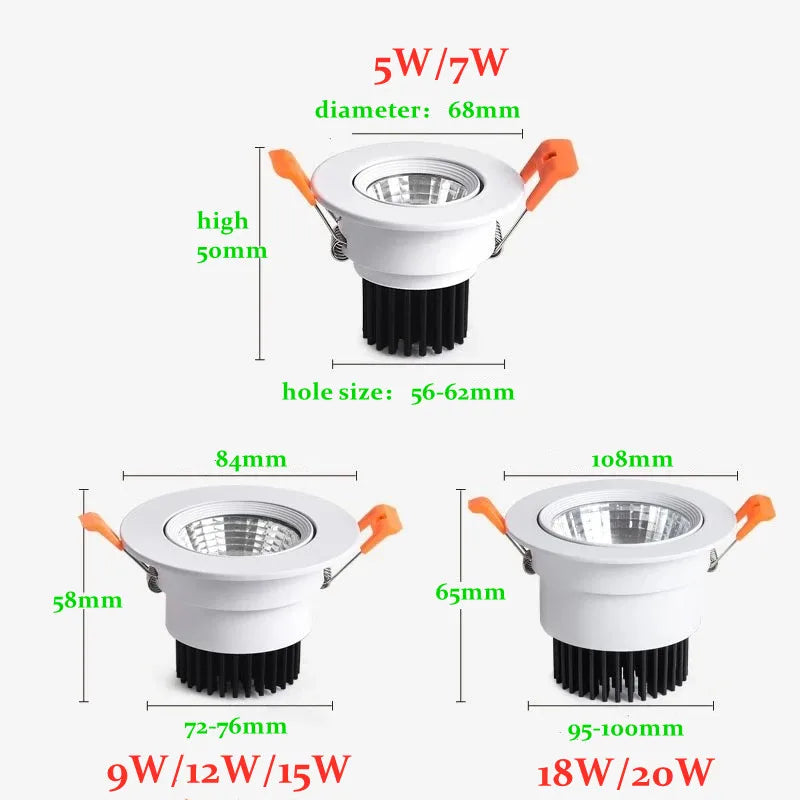 Dimmable AC90V-260V 5W 7W 9W 12W 15W 18W 20W LED Downlights Epistar Chip COB Recessed Ceiling Lamps Spot Lights  For Home illumination
