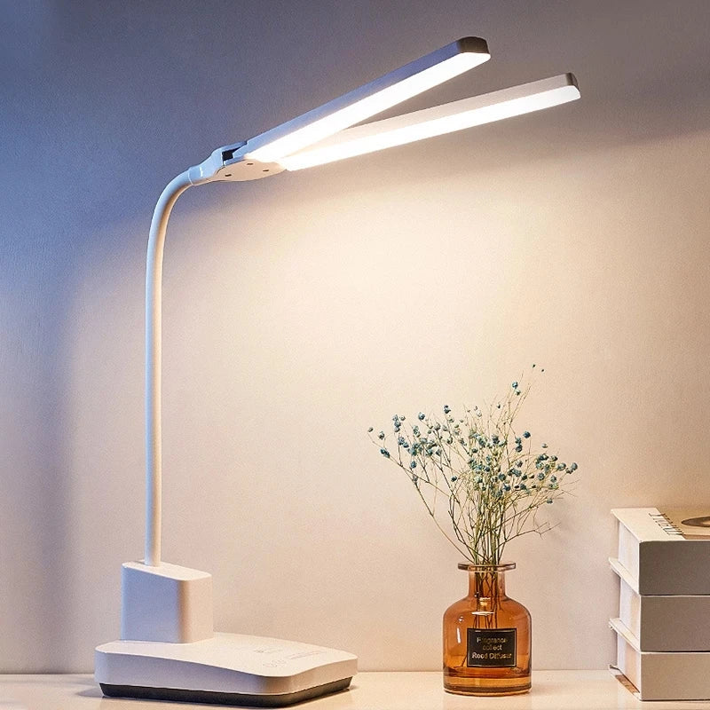 LED Desk Lamp Double Head 52cm USB Charging Stepless Dimming Eye Protection Reading Book Lights Three-color Switch Table Light