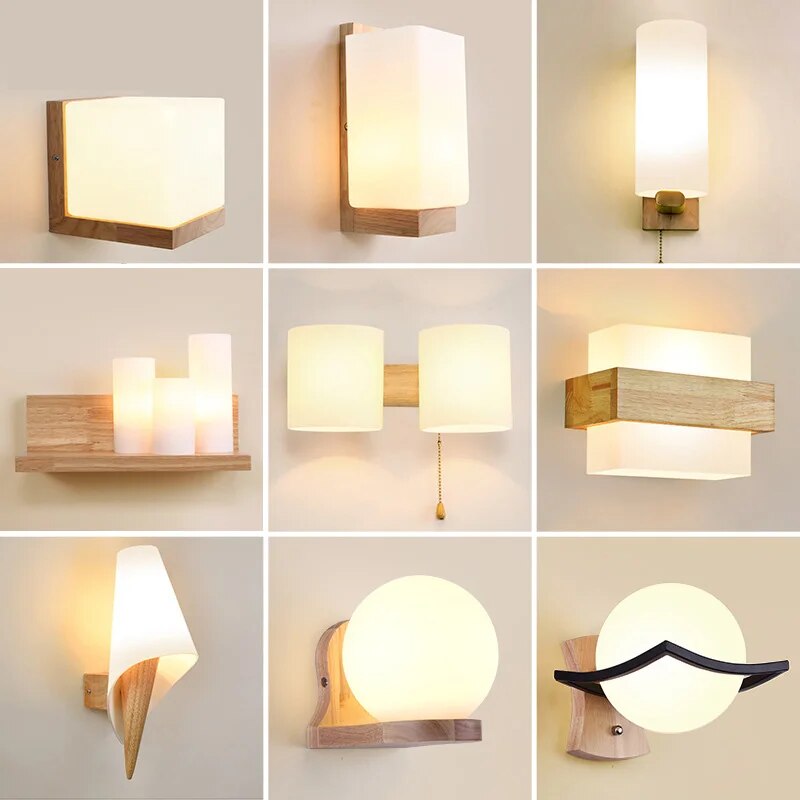 Japanese Decoration Wall Wood Lamp Glass Lampshade Bedroom Entrance Aisle Indoor Home Lights E27 LED Nordic Bedside Wall Light