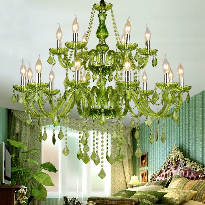 Luxury Green Crystal Chandelier - Vintage E14 Candle Pendant Light