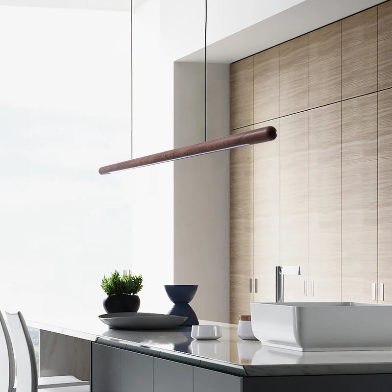 Solid Wood Hanging Lamp Nordic LED Wood Pendant Light Modern Table Long Linear Light Round Hanging Fixtures for Kitchen Island