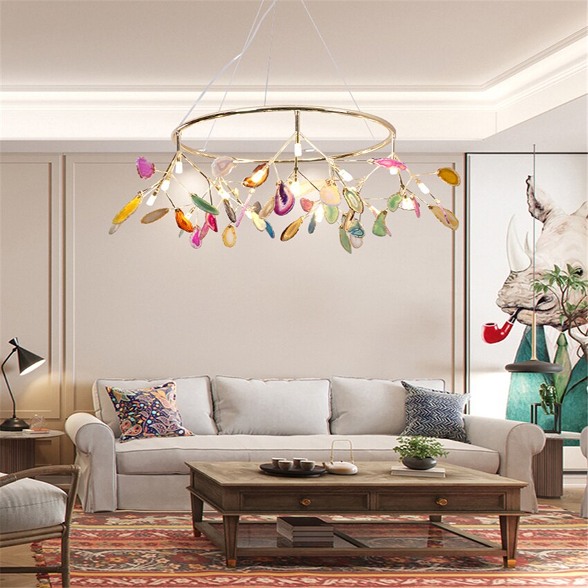 Nordic Romantic Firefly LED Chandelier Light Stylish Tree Branch/Round Metal Dining Room Restaurant Ceiling Spotlight Chandelier