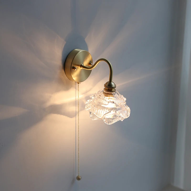 IWHD Flower Glass Copper Wall Lamp Sconce Pull Chain Switch LED Bedroom Bathroom Mirror Stair Light Nordic Modern Wand lamp