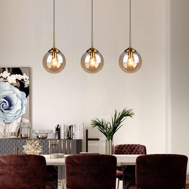 Nordic restaurant single head metal ring pendant lights modern living room bedroom bedside glass ball hanging lamp